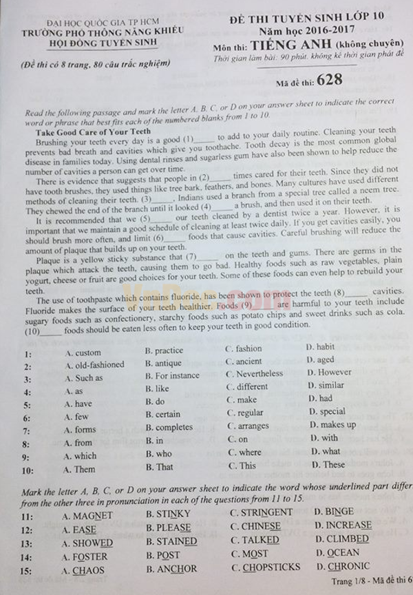 Đề thi tuyển sinh vào lớp 10 môn Tiếng Anh năm 2016 có đáp án Đề thi tuyển sinh vào lớp 10 môn Tiếng Anh năm 2016