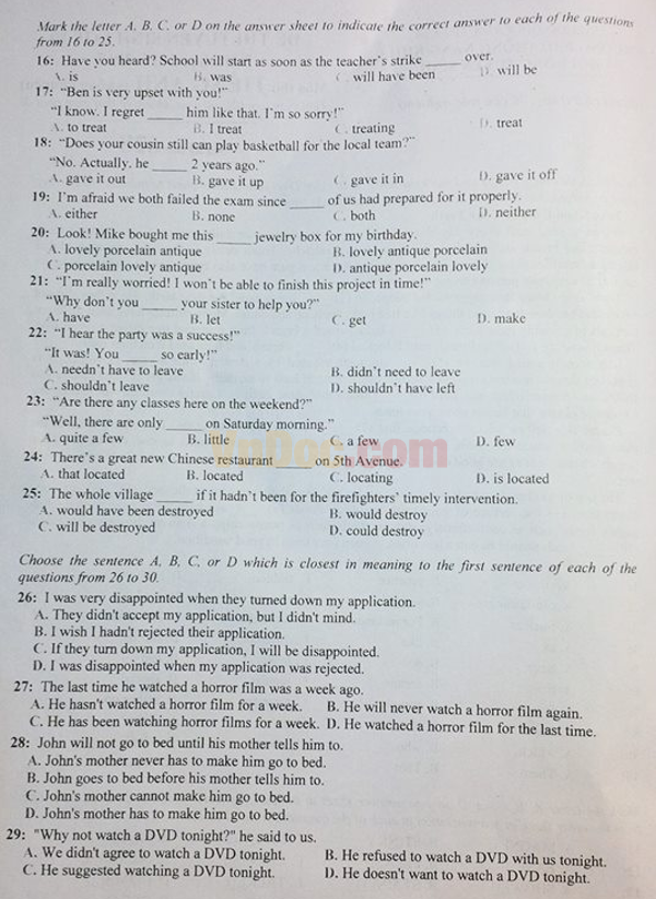 Đề thi tuyển sinh vào lớp 10 môn Tiếng Anh 2016 -2017 Đề thi tuyển sinh vào lớp 10 môn Tiếng Anh