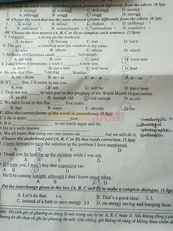 Đề thi tuyển sinh vào lớp 10 môn Tiếng Anh năm 2016 có đáp án Đề thi tuyển sinh vào lớp 10 môn Tiếng Anh năm 2016
