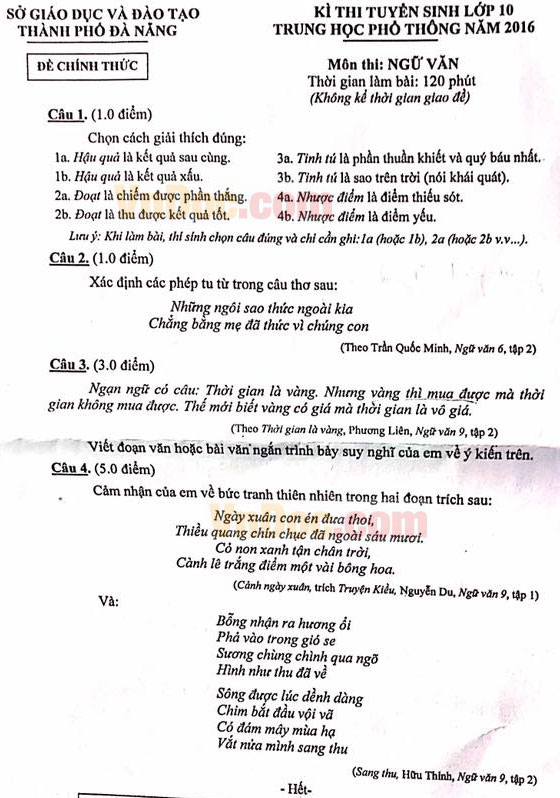 Đề thi tuyển sinh vào lớp 10 môn Ngữ văn thành phố Đà Nẵng năm học 2016 - 2017