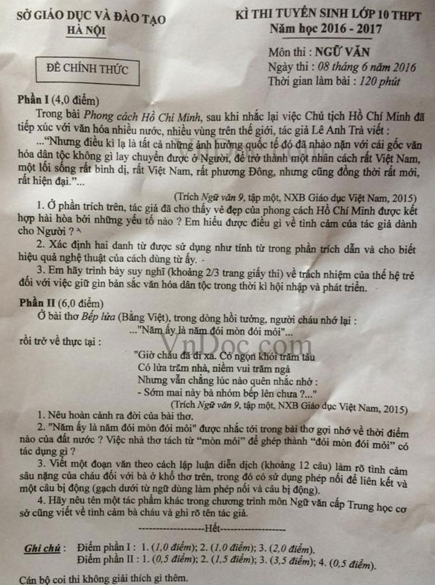 Đề thi tuyển sinh vào lớp 10 môn Ngữ văn năm học 2016 - 2017 Sở GD-ĐT Hà Nội