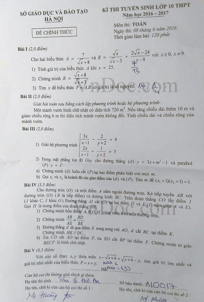 Đề thi tuyển sinh vào lớp 10 môn Toán thành phố Hà Nội năm học 2016 - 2017