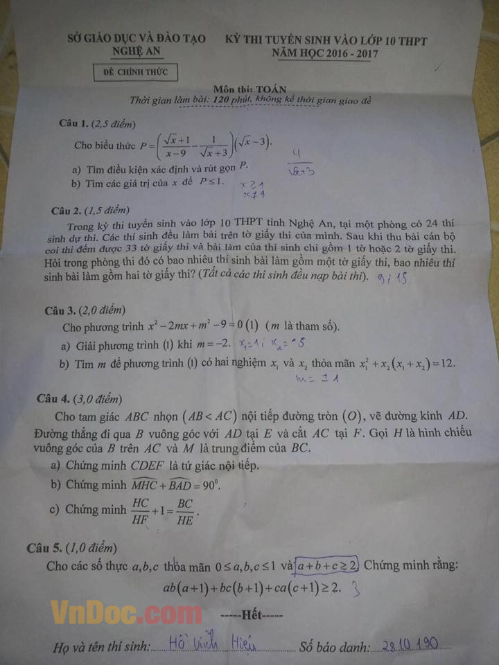 Đề thi vào lớp 10 tỉnh Nghệ An Đề thi vào lớp 10 tỉnh Nghệ An