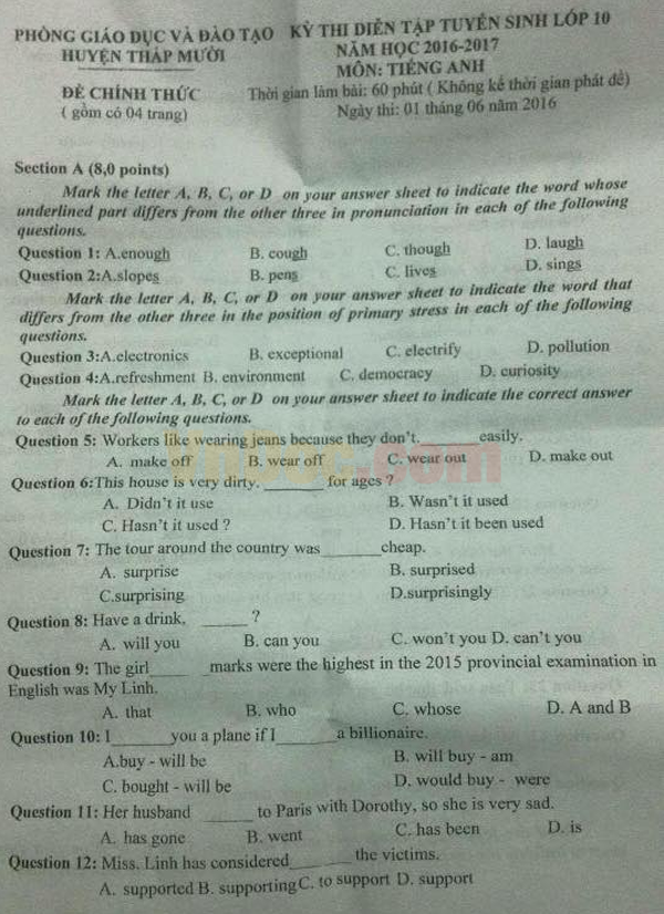 Đề thi tuyển sinh vào lớp 10 môn Tiếng Anh năm 2016