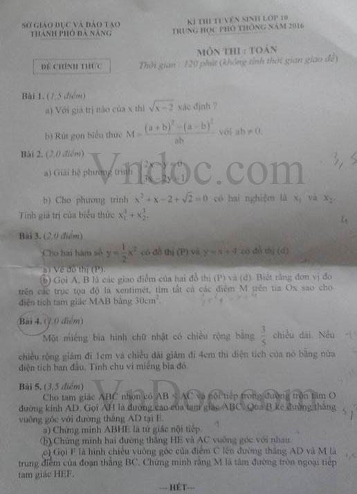 Đề thi tuyển sinh vào lớp 10 môn Toán thành phố Đà Nẵng năm học 2016 - 2017