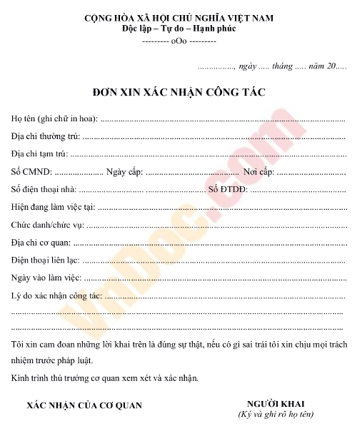 Mẫu đơn xin xác nhận công tác