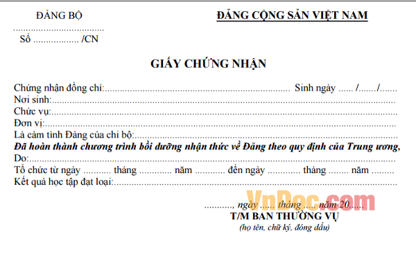 Mẫu CN-NTVĐ - Giấy chứng nhận học lớp về Đảng bộ