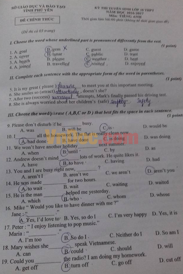 Đề thi tuyển sinh vào lớp 10 môn Tiếng Anh năm 2016