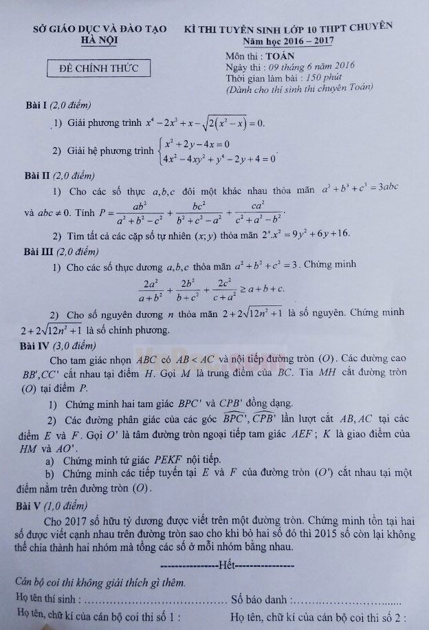 Đề thi vào lớp 10 môn Toán chuyên