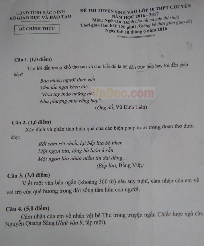 Đề thi vào lớp 10 môn Ngữ văn Đề thi vào lớp 10 môn Ngữ văn