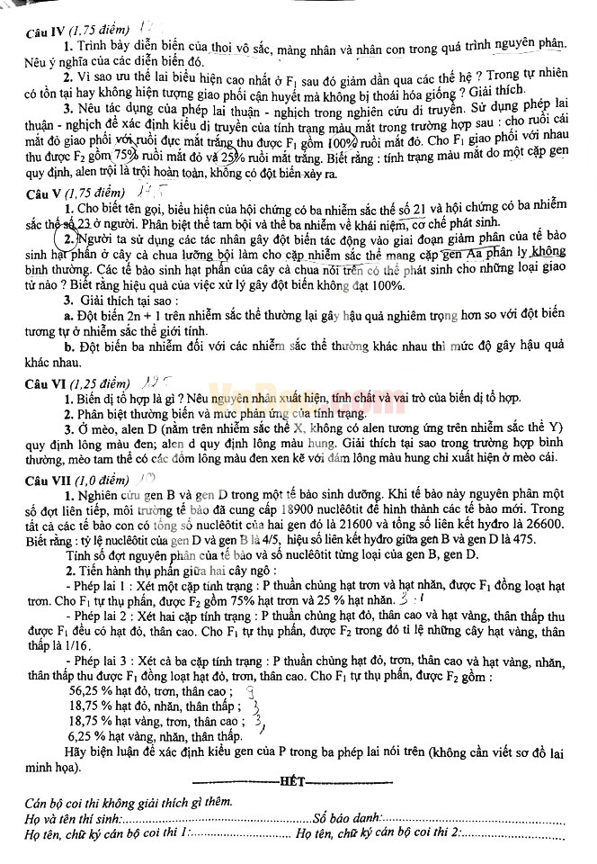 Đề thi vào lớp 10 môn Sinh học Đề thi vào lớp 10 môn Sinh học
