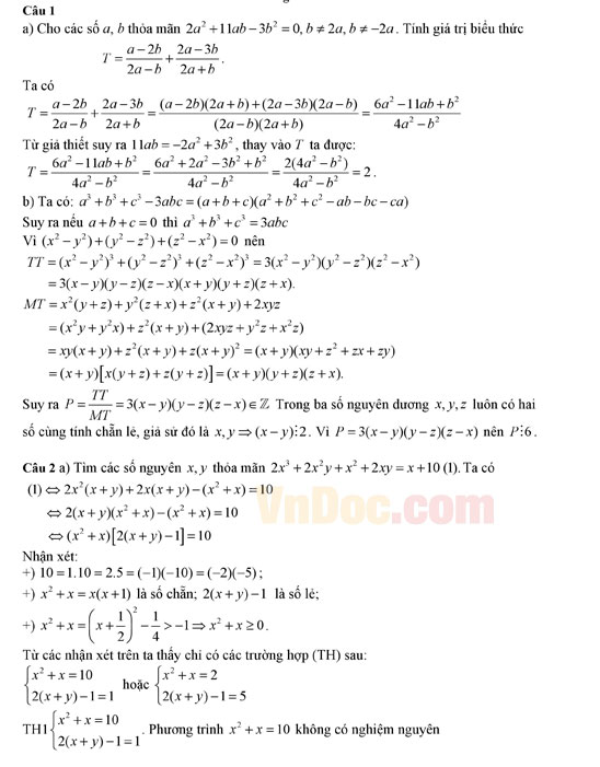 Đáp án đề thi vào lớp 10 môn Toán