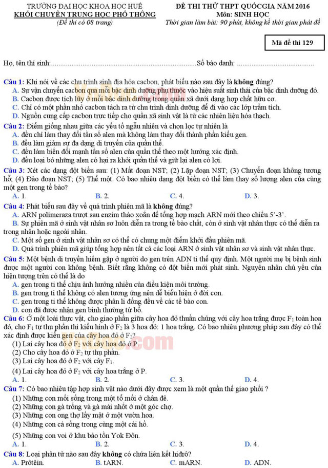 Đề thi thử THPT Quốc gia môn Sinh học năm 2016 trường THPT Chuyên Đại học Khoa học Huế