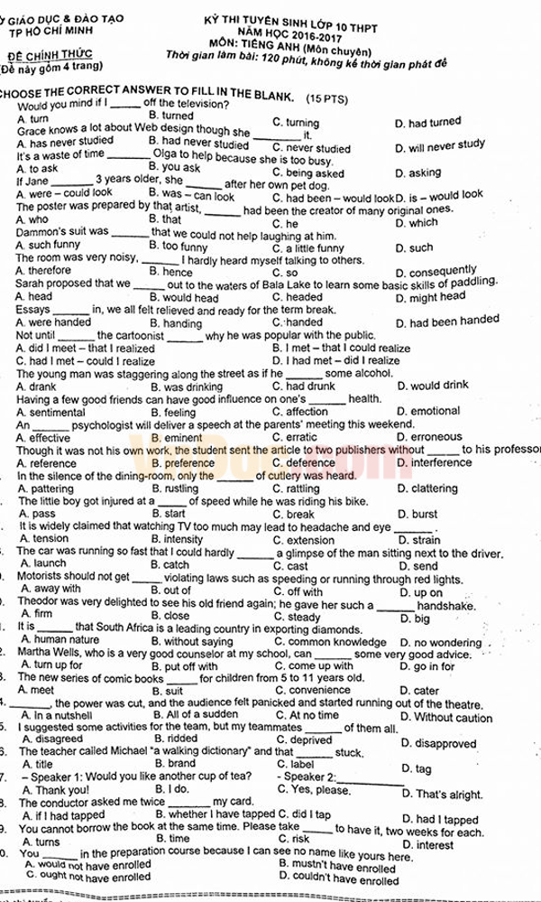 Đề thi tuyển sinh vào lớp 10 môn Tiếng Anh năm 2016