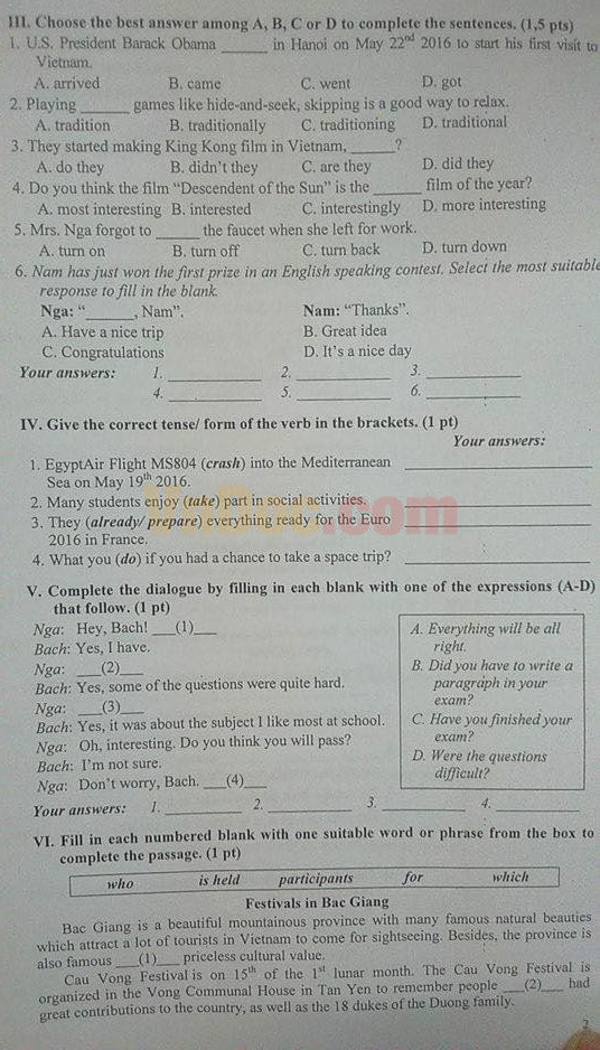 Đề thi vào lớp 10 môn Tiếng Anh