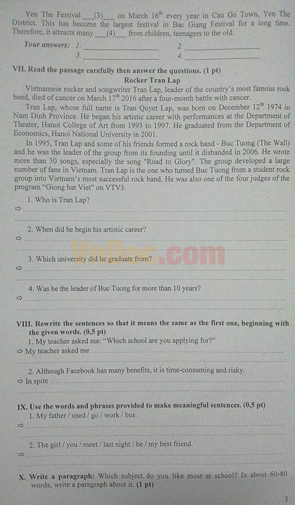 Đề luyện thi vào lớp 10 môn Tiếng Anh