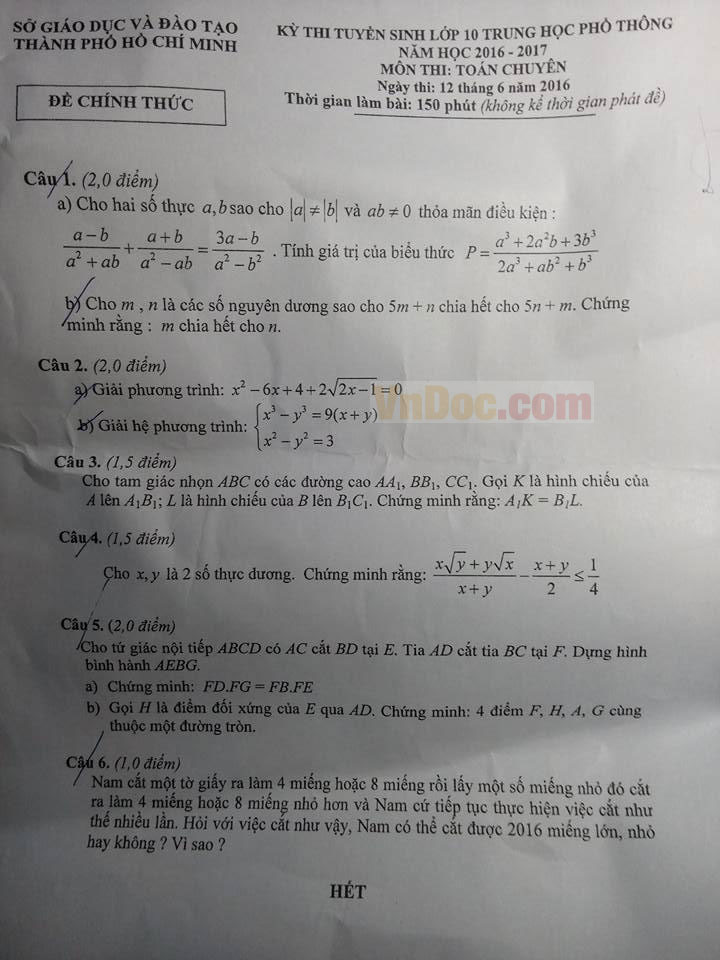 Đề thi vào lớp 10 môn Toán Đề thi vào lớp 10 môn Toán