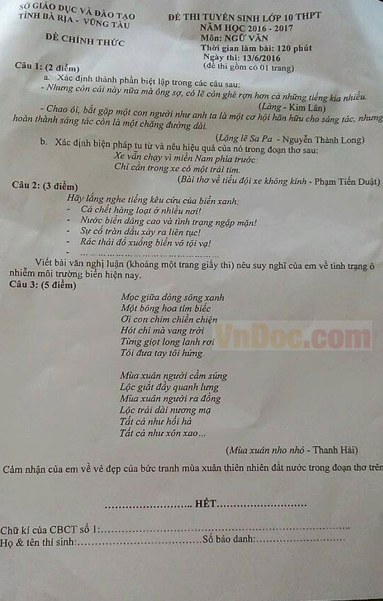 Đề thi vào lớp 10 môn Ngữ văn