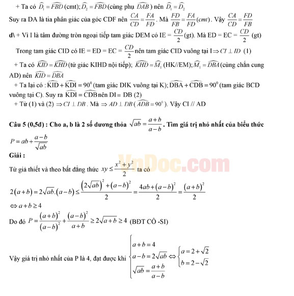Đáp án đề thi vào lớp 10 môn Toán Đáp án đề thi vào lớp 10 môn Toán