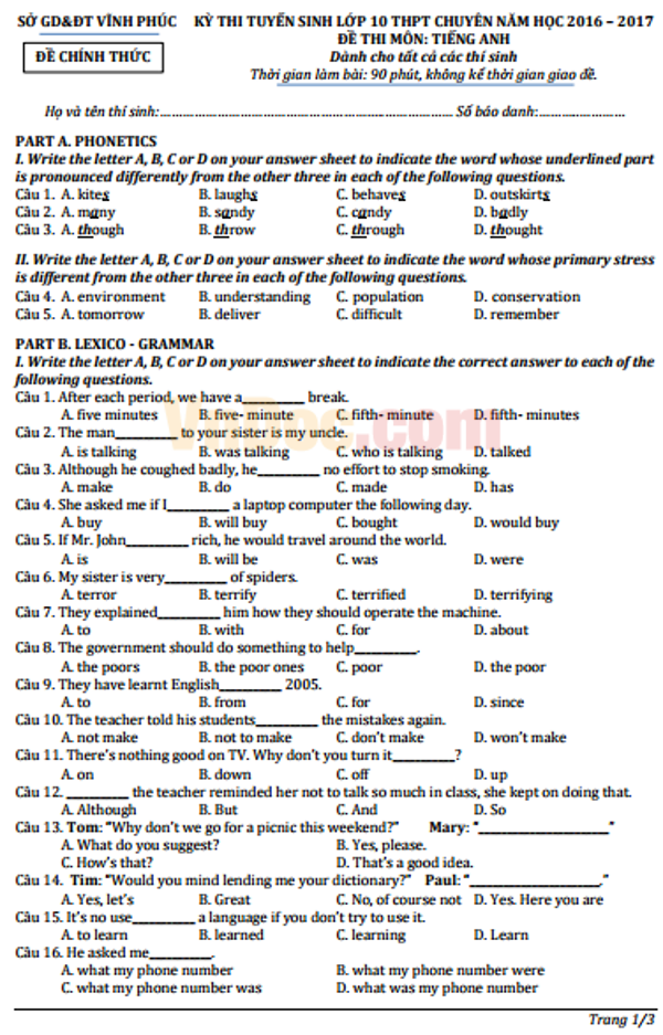 Đề thi tuyển sinh vào lớp 10 THPT Chuyên môn Tiếng Anh có đáp án Đề thi tuyển sinh vào lớp 10 THPT Chuyên môn Tiếng Anh