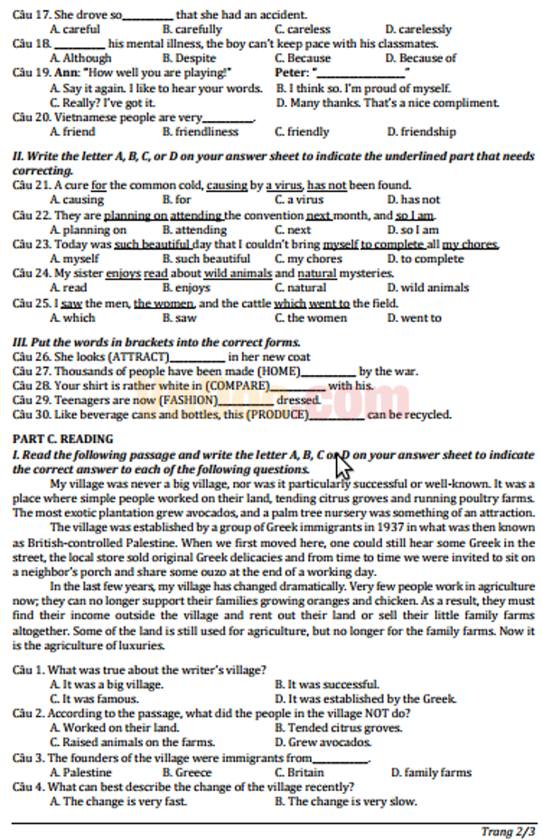 Đề thi tuyển sinh vào lớp 10 môn Tiếng Anh năm học 2016-2017 Đề thi tuyển sinh vào lớp 10 môn Tiếng Anh năm học 2016-2017 tỉnh Vĩnh Phúc