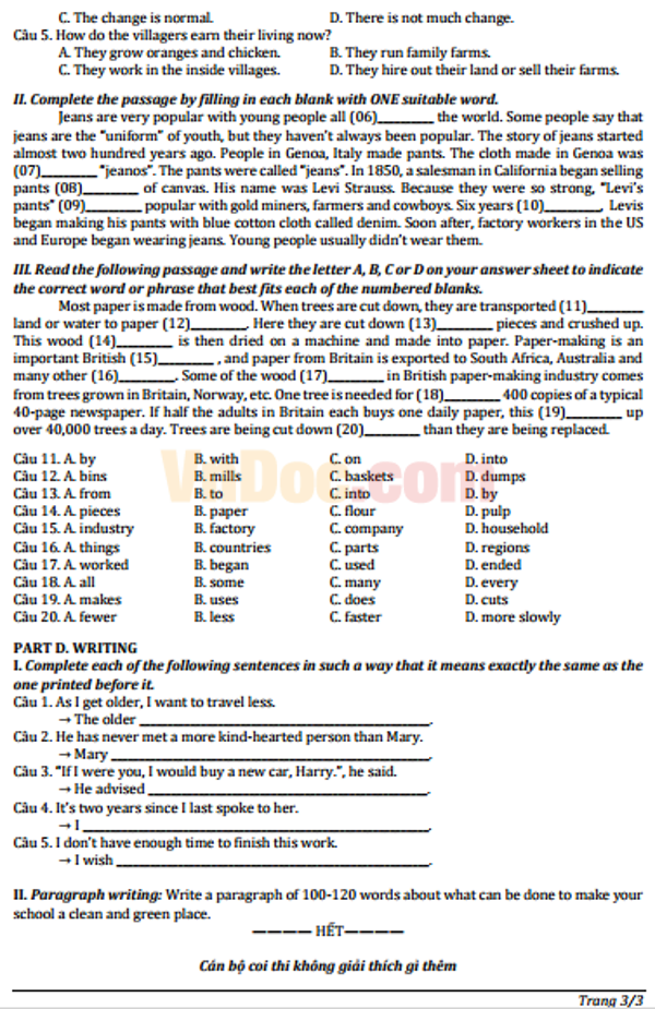 Đề thi vào lớp 10 tỉnh Vĩnh Phúc Đề thi tuyển sinh vào lớp 10 môn Tiếng Anh năm 2016