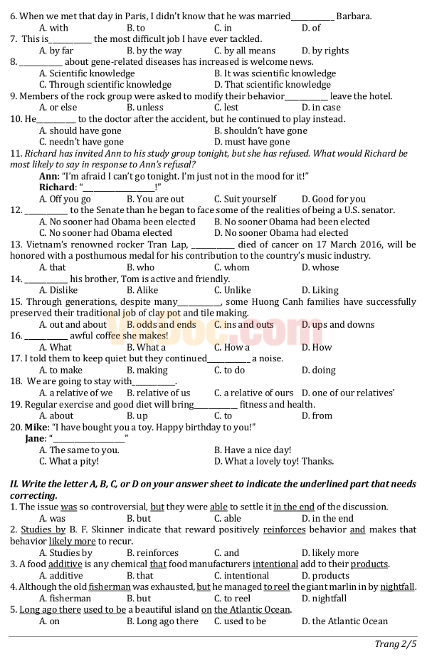 Đề thi tuyển sinh vào lớp 10 môn Tiếng Anh năm học 2016-2017 tỉnh Vĩnh Phúc