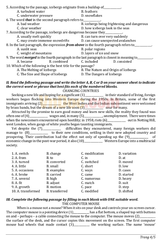 Đề thi vào lớp 10 môn Tiếng Anh mới nhất 