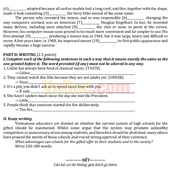 Đề thi vào lớp 10 tỉnh Vĩnh Phúc