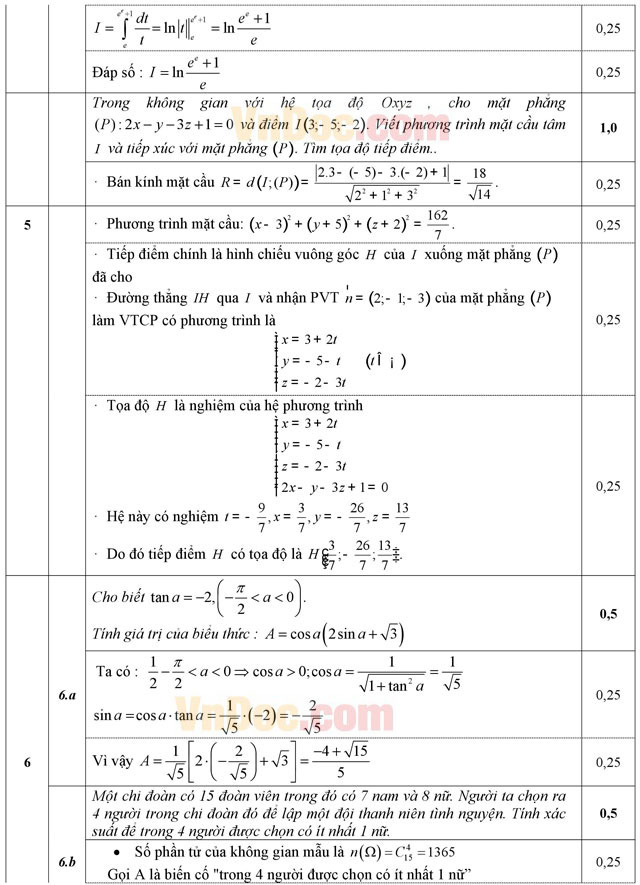 Đáp án đề thi thử THPT Quốc gia năm 2016 môn Toán trường THPT Chuyên Vĩnh Phúc (Lần 5)