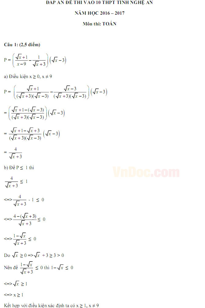 Đáp án đề thi vào lớp 10 môn Toán Đáp án đề thi vào lớp 10 môn Toán