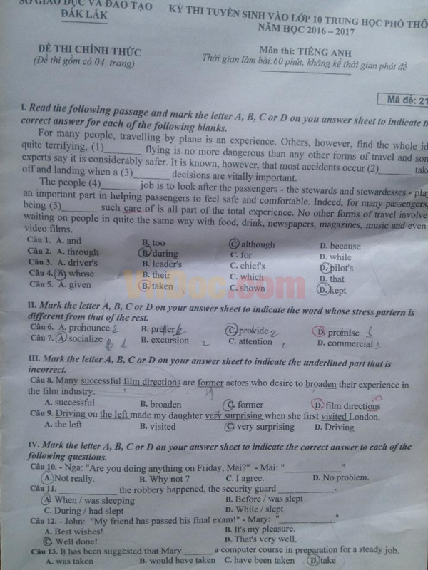 Đề thi tuyển sinh vào lớp 10 môn Tiếng Anh năm 2016 có đáp án Đề thi tuyển sinh vào lớp 10 môn Tiếng Anh năm 2016