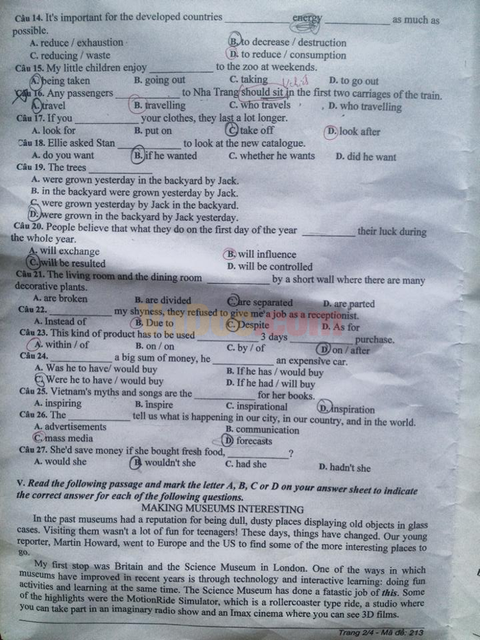 Đề thi vào lớp 10 môn Tiếng Anh có đáp án Đề thi vào lớp 10 môn Tiếng Anh