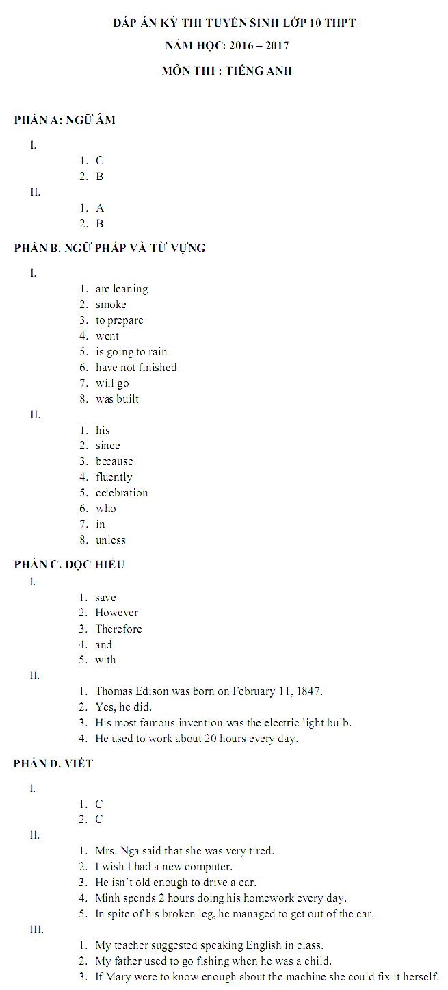 Đề thi vào lớp 10 môn Tiếng Anh