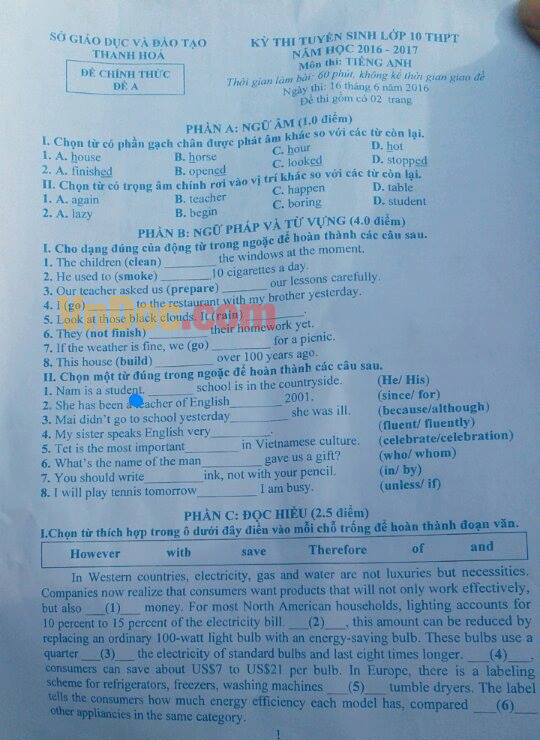 Đề thi tuyển sinh vào lớp 10 môn Tiếng Anh năm 2016