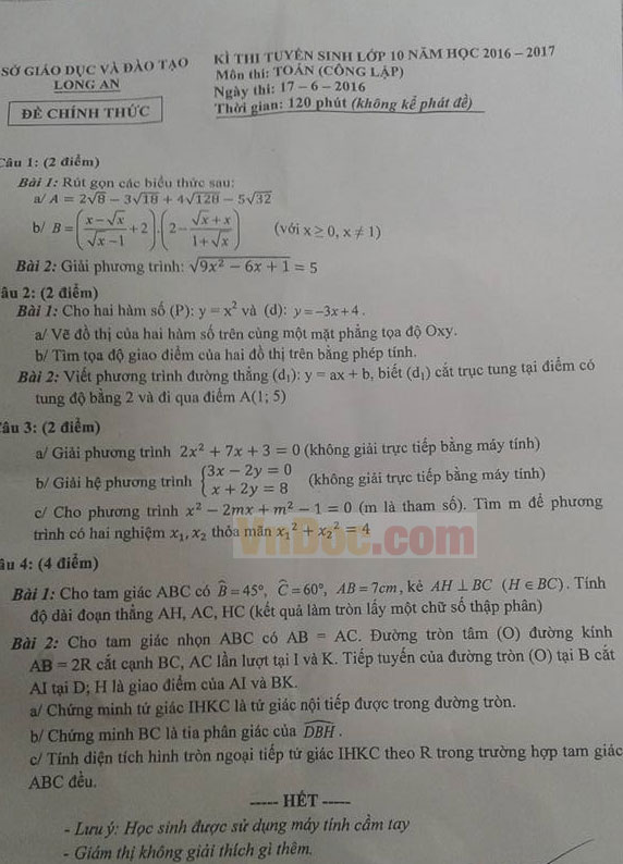 Đề thi vào lớp 10 môn Toán Đề thi vào lớp 10 môn Toán
