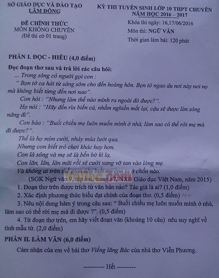 Đề thi vào lớp 10 môn Ngữ văn