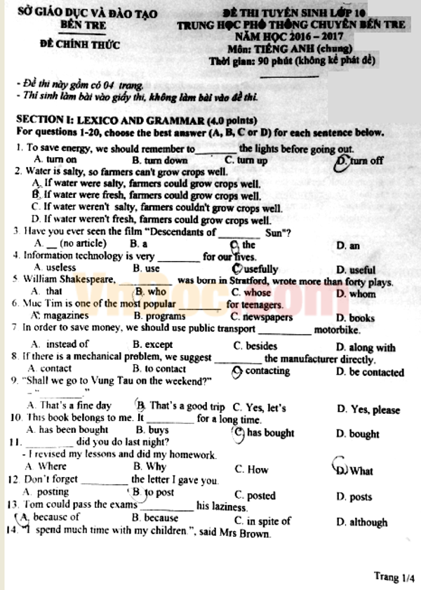 Đề thi tuyển sinh vào lớp 10 THPT Chuyên môn Tiếng Anh có đáp án Đề thi tuyển sinh vào lớp 10 THPT Chuyên môn Tiếng Anh