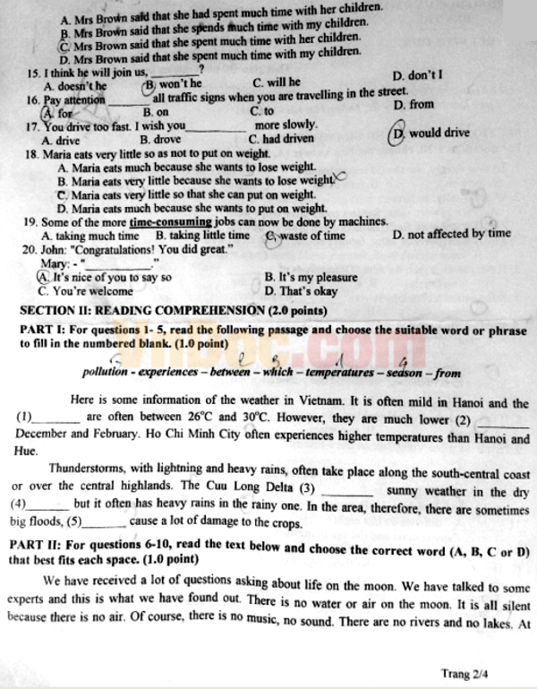 Đề thi tuyển sinh vào lớp 10 môn Tiếng Anh Đề thi tuyển sinh vào lớp 10 môn Tiếng Anh năm học 2016-2017