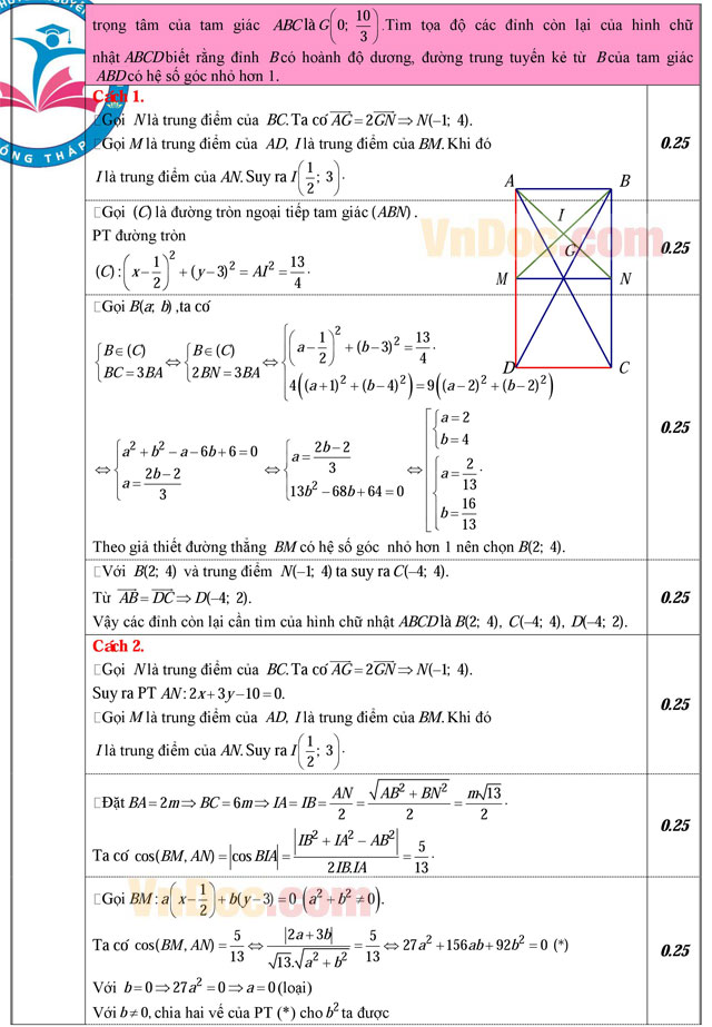 Đáp án đề thi tổng diễn tập THPT Quốc gia môn Toán năm 2016 trường THPT Chuyên Nguyễn Quang Diêu, Đồng Tháp