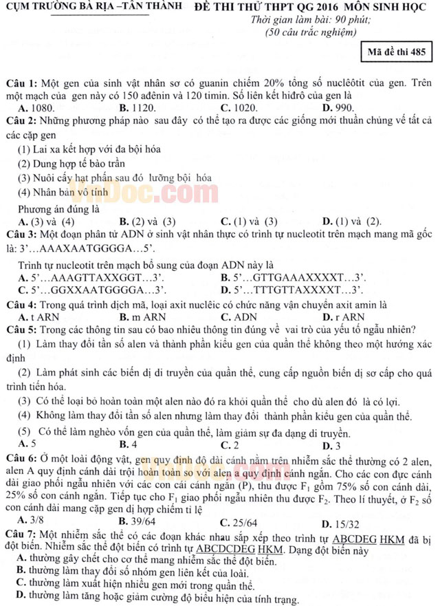 Đề thi thử THPT Quốc gia môn Sinh học năm 2016 cụm trường Bà Rịa - Tân Thành