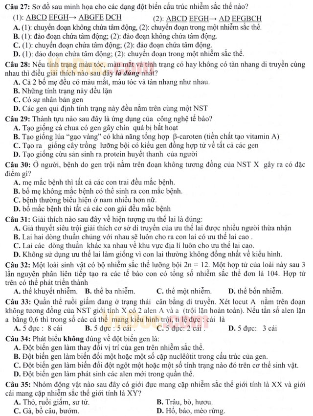 Đề thi thử THPT Quốc gia môn Sinh học năm 2016 cụm trường Bà Rịa - Tân Thành