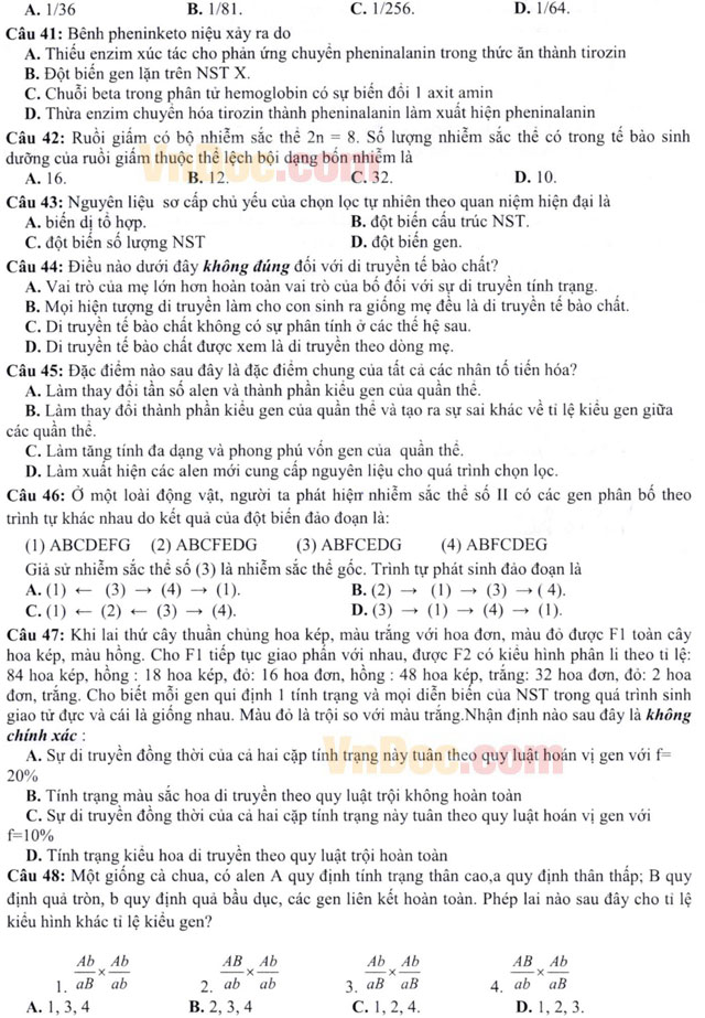 Đề thi thử THPT Quốc gia môn Sinh học năm 2016 cụm trường Bà Rịa - Tân Thành