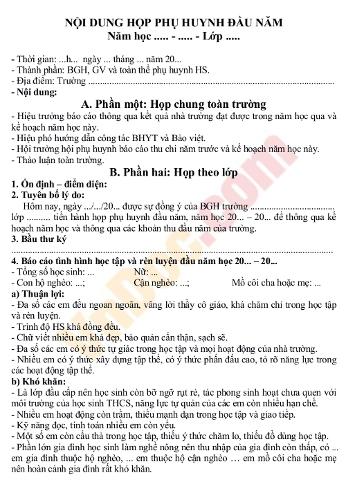 Nội dung họp phụ huynh đầu năm học