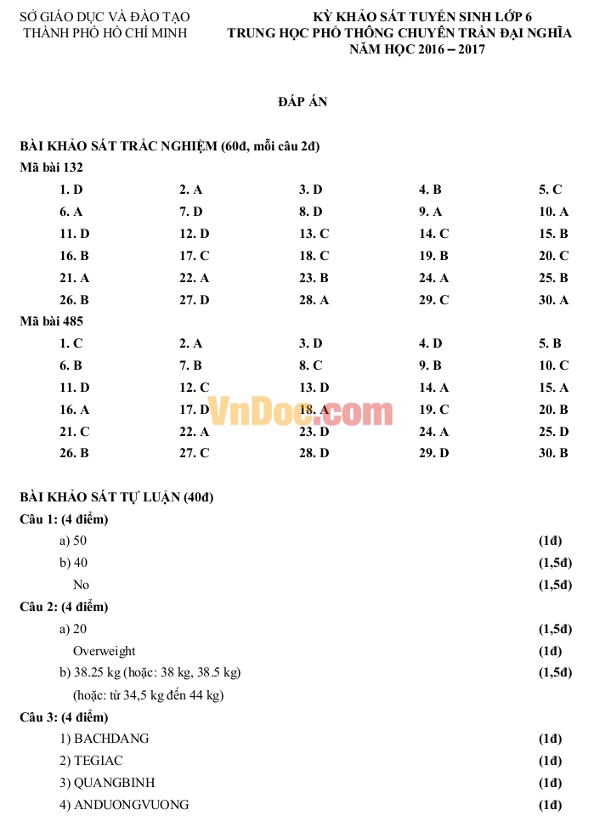 Đáp án đề thi trường THPT Trần Đại Nghĩa Đề thi vào lớp 6 trường THPT Trần Đại Nghĩa