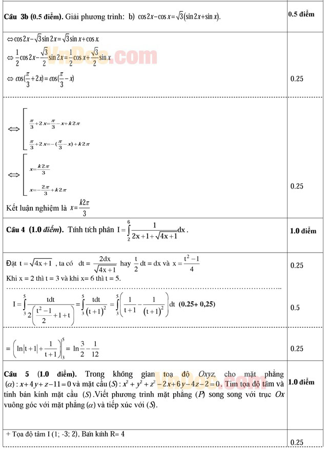 Đáp án đề thi thử THPT Quốc gia môn Toán năm 2016 trường THPT Trực Ninh, Nam Định (Lần 1)