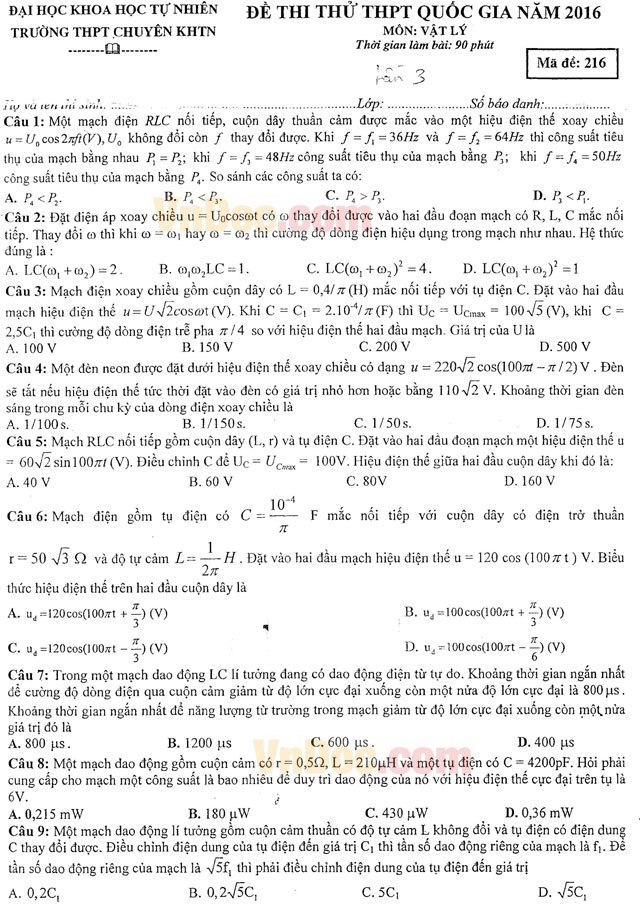 Đề thi thử THPT Quốc gia năm 2016 môn Vật lý trường THPT Chuyên Khoa học Tự nhiên, Hà Nội (Lần 3) Đề thi thử THPT Quốc gia năm 2016 môn Vật lý trường THPT Chuyên Khoa học Tự nhiên, Hà Nội (Lần 3)