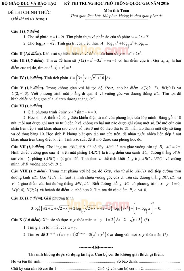 Đáp án - Đề thi chính thức THPT Quốc gia môn Toán năm 2016 Đáp án - Đề thi chính thức THPT Quốc gia môn Toán năm 2016