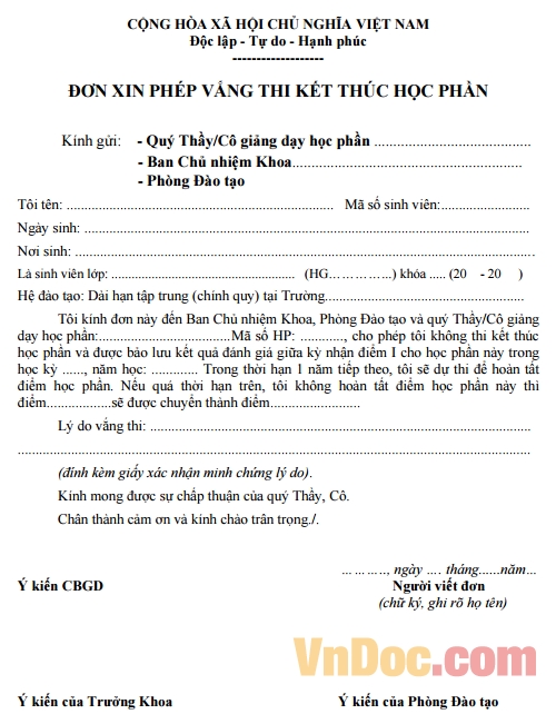 Mẫu đơn xin phép vắng thi kết thúc học phần