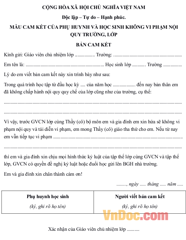 Mẫu cam kết của PH và HS không vi phạm nội quy của trường Mẫu cam kết chấp hành nội quy của trường, lớp mới nhất